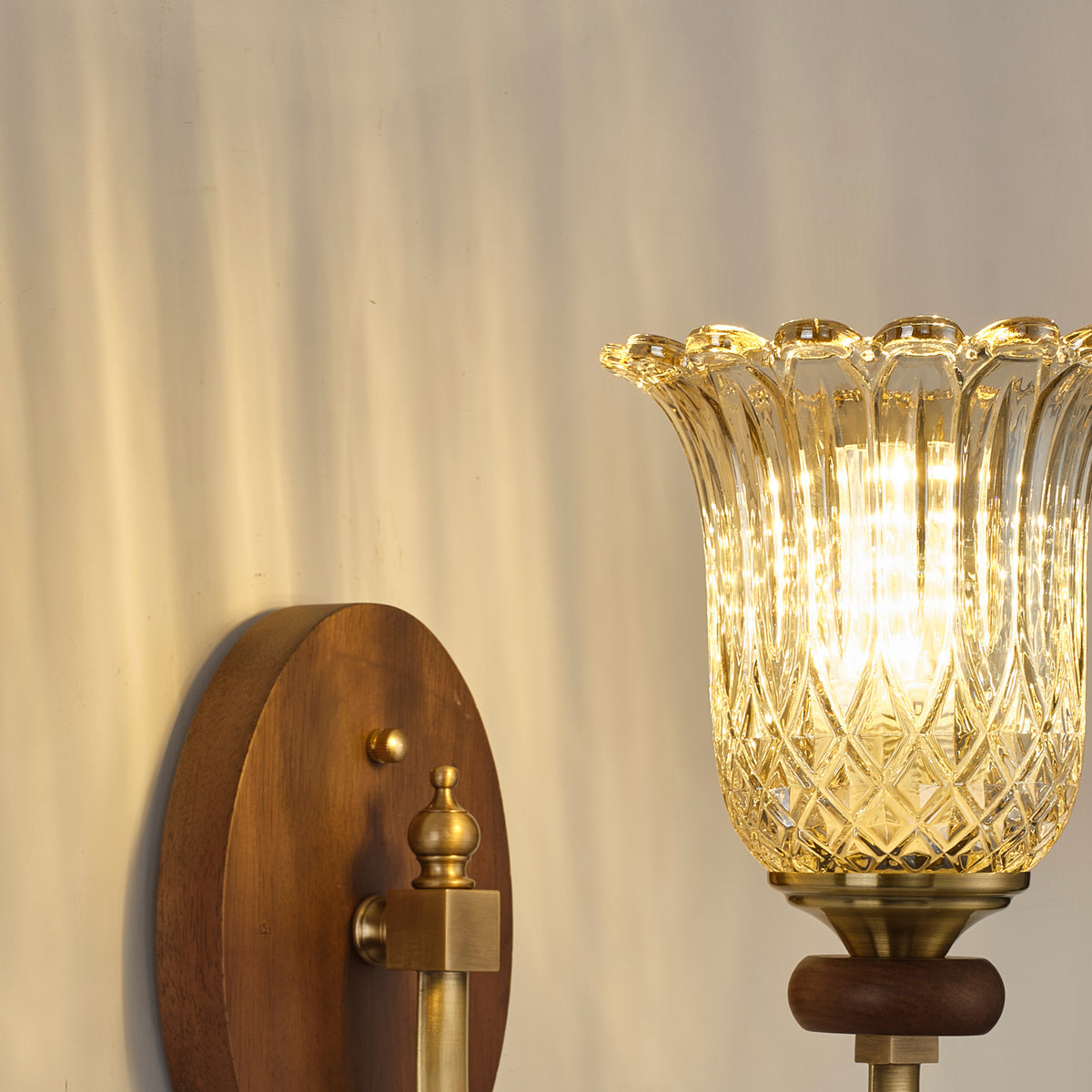 Supplier real wall sconce detail showing the ash-wood ring and mounting hardware