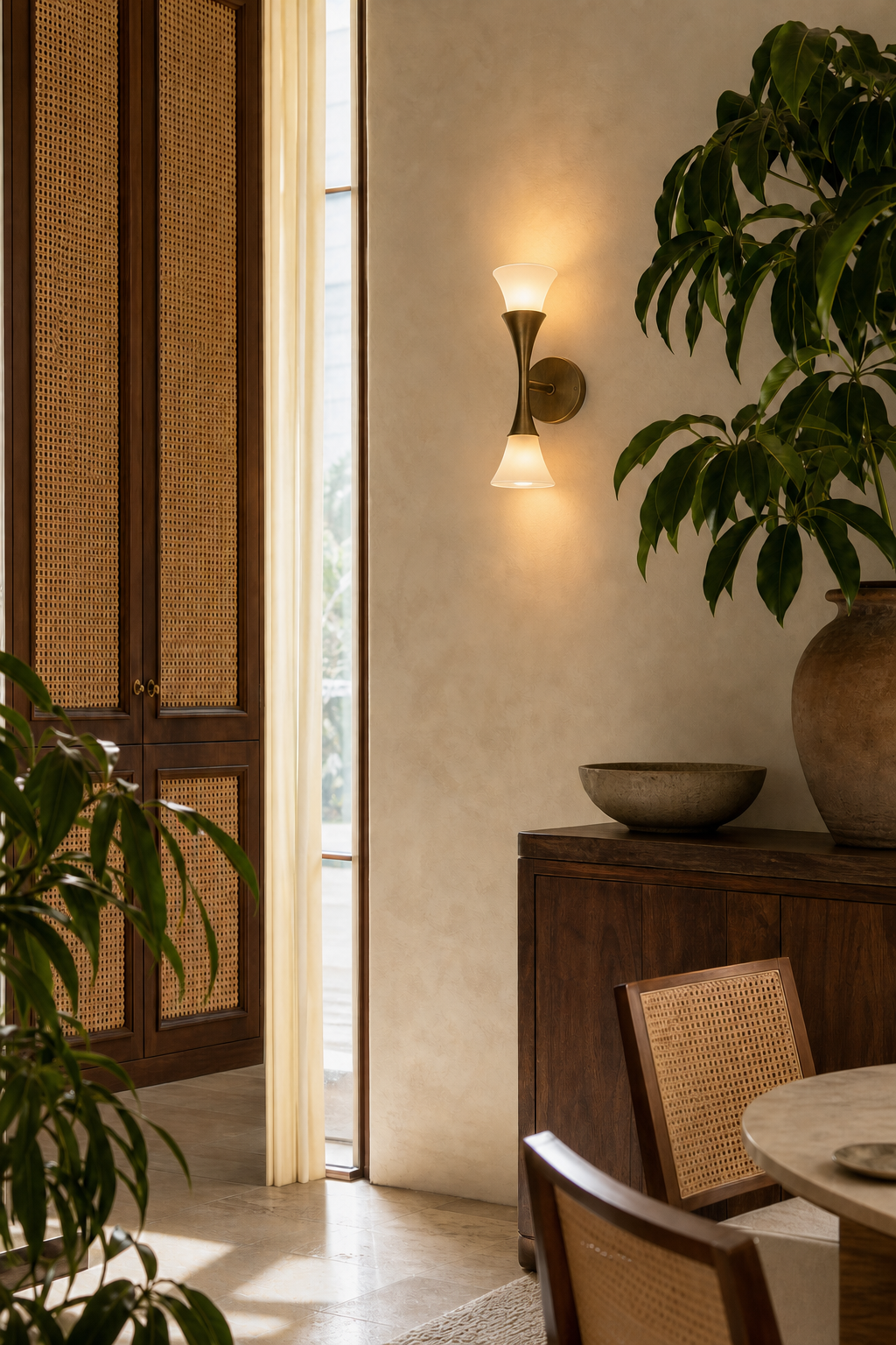 Sculptural Opal Glass and Alabaster Wall Sconce — Model B opal glass dining lounge wide daylight