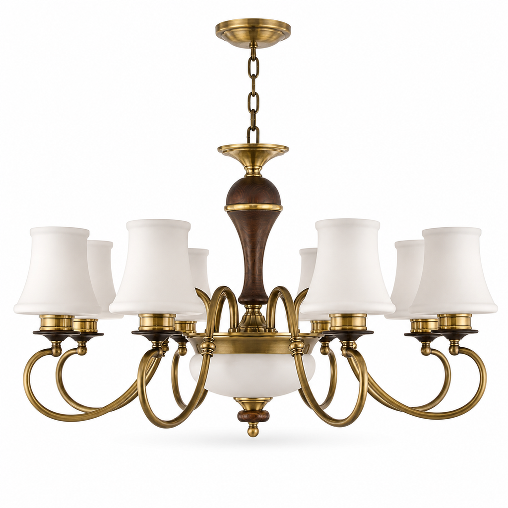 Complete Glenhaven eight-light chandelier on pure white with ceiling canopy