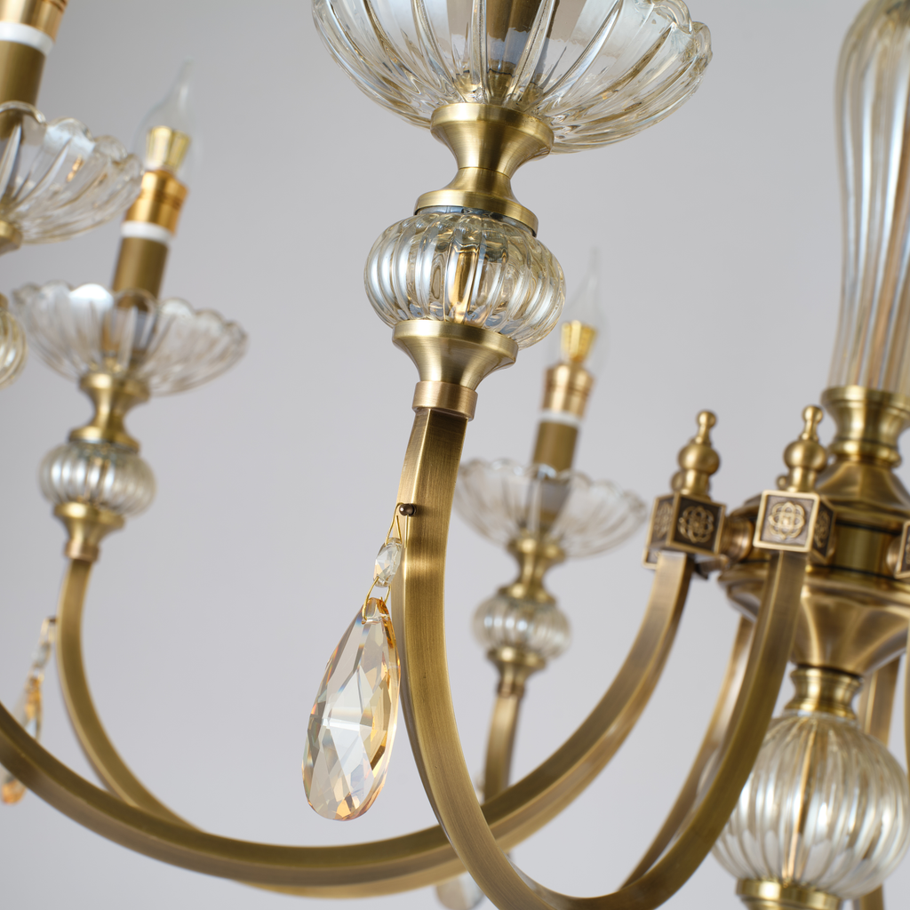 Lucerayne ribbed glass, curved copper arm and clear crystal pendant detail