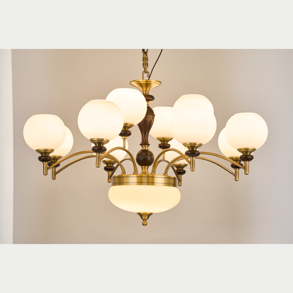 Orbemere Faceted Milk Glass and Ash Wood Chandelier complete fifteen-light two-tier product view