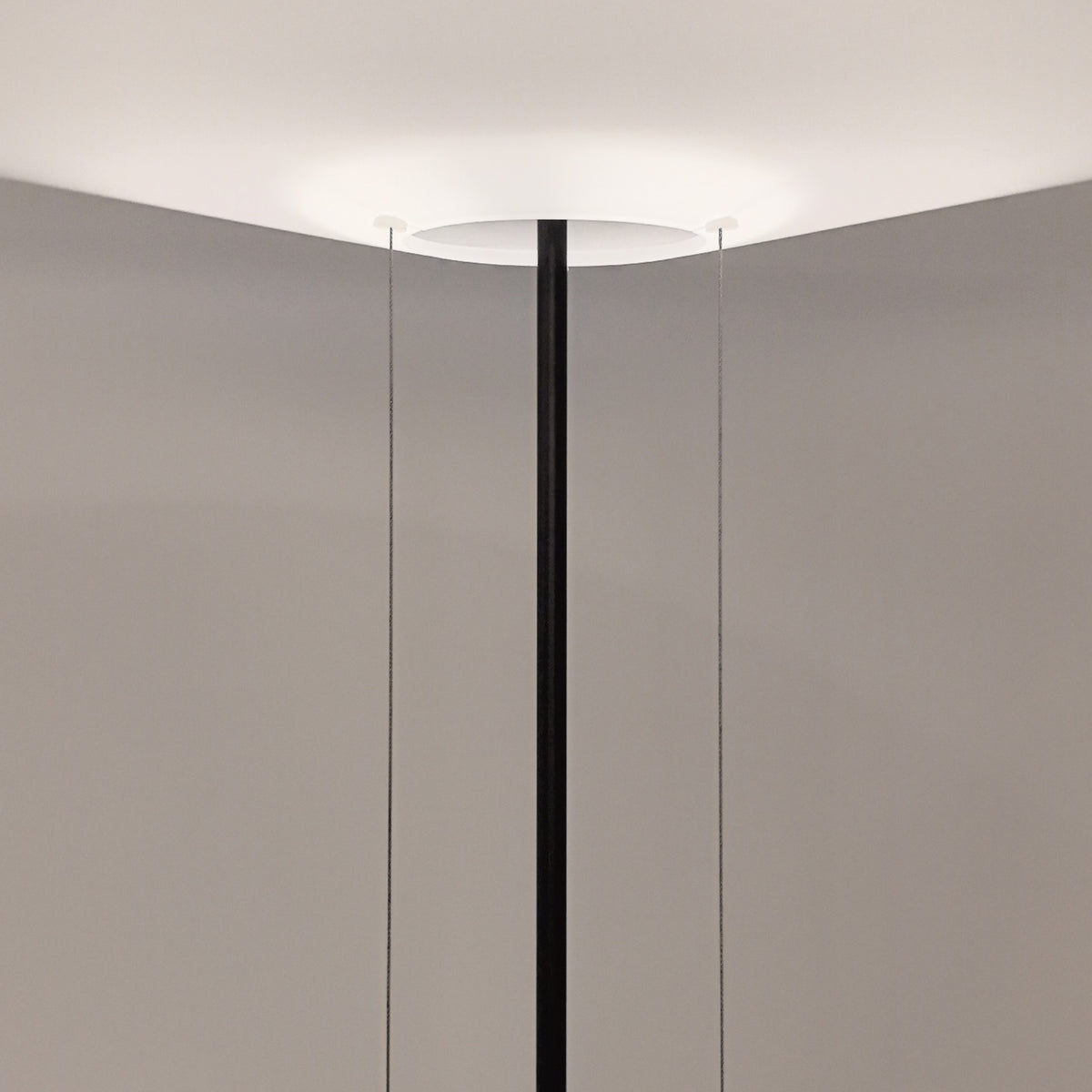 Close supplier photograph of the slim black central rod and acrylic disc hub