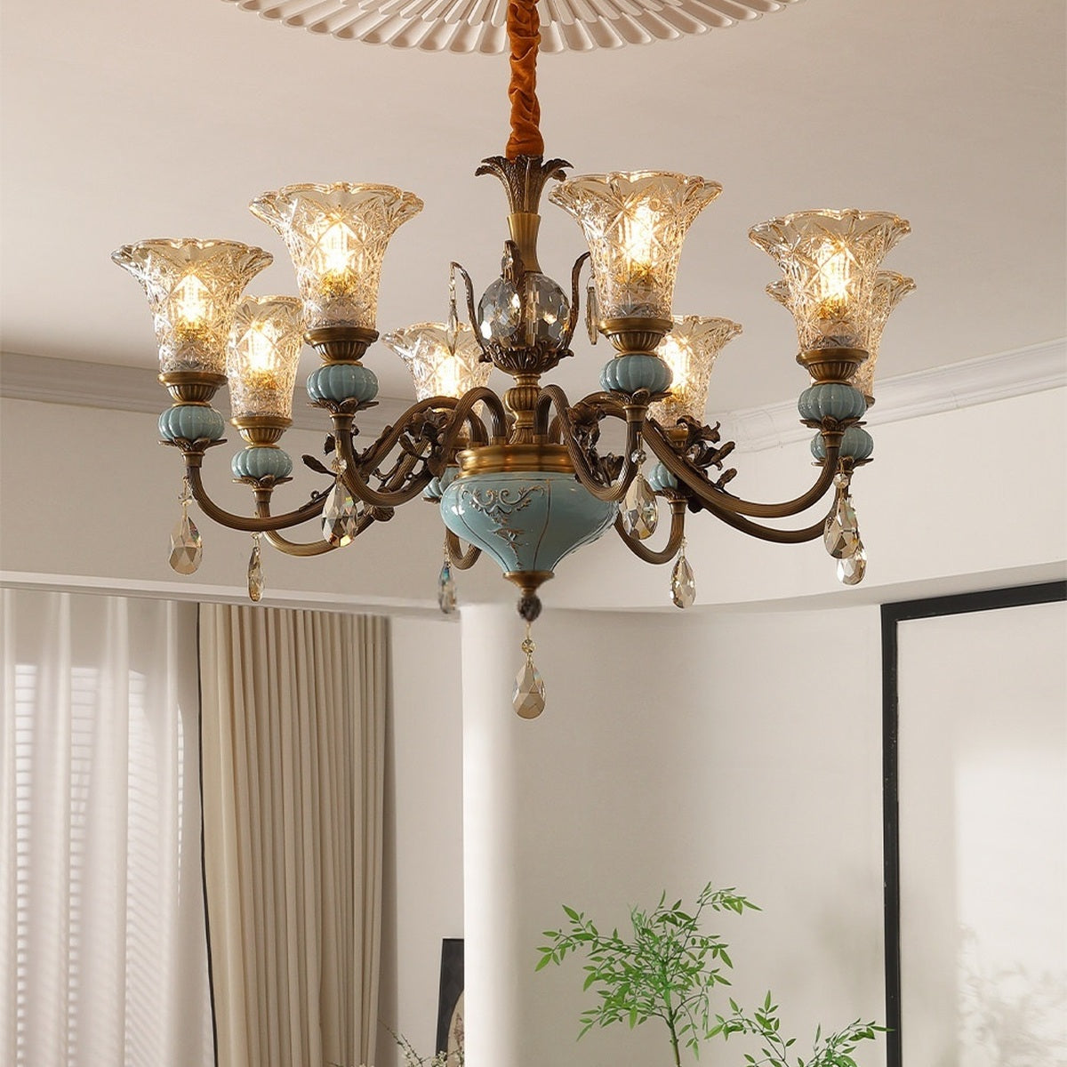 Blue Glazed Ceramic Brass Chandelier real eight-light illuminated room view