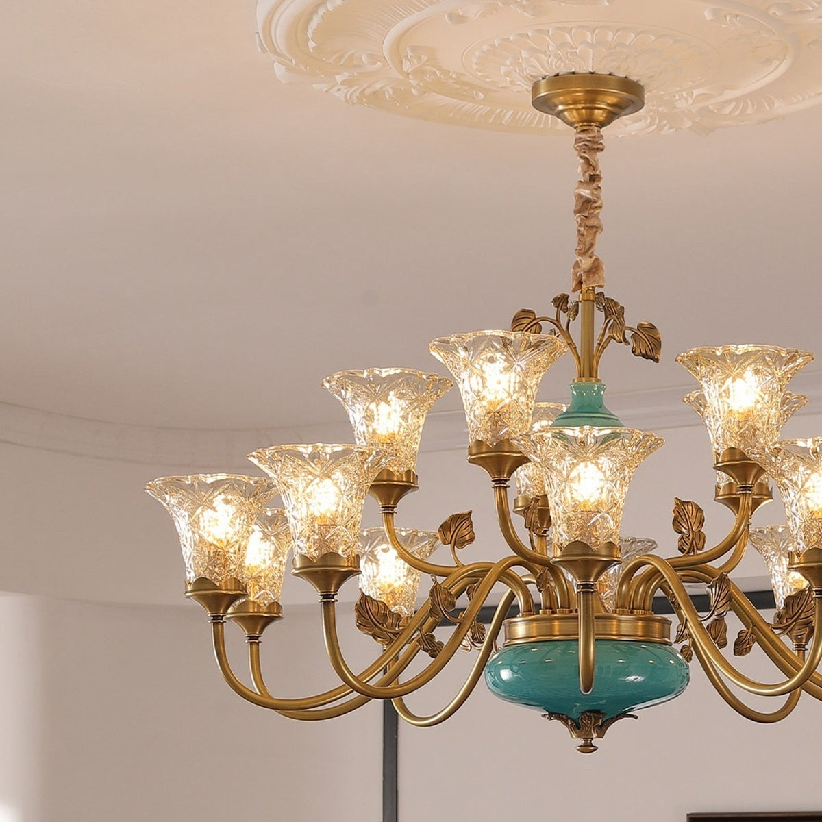 Tiffany Blue Ceramic Two-Tier Chandelier real fifteen-light close room view