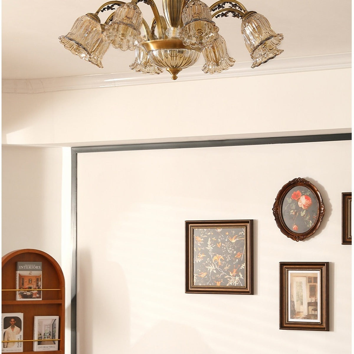 Vintage Brass Floral Glass Flush Mount installed room view