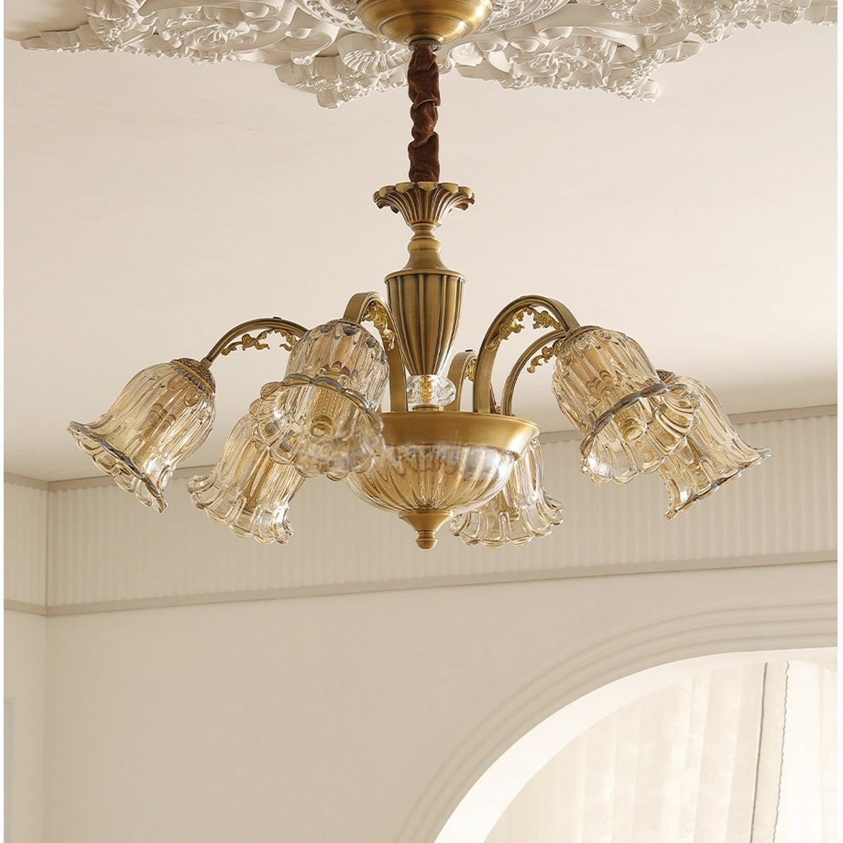Vintage Brass Floral Glass Chandelier real six-light hanging configuration