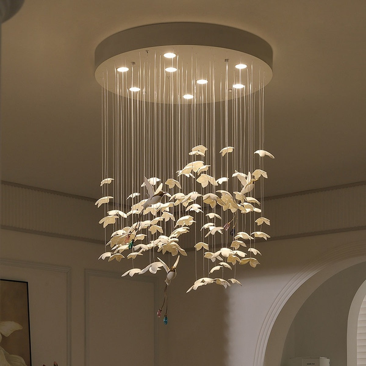 Floating Orchid Ceramic Short Chandelier real short-form product view with the lights on