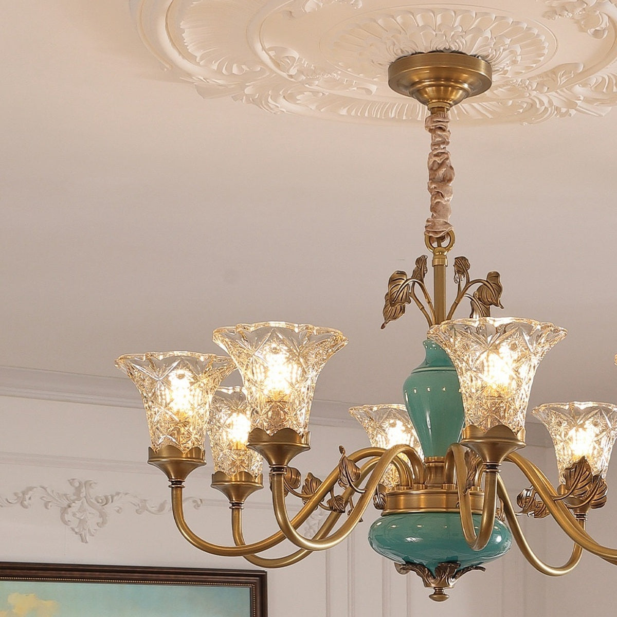 Tiffany Blue Ceramic Brass Chandelier real ten-light illuminated room view