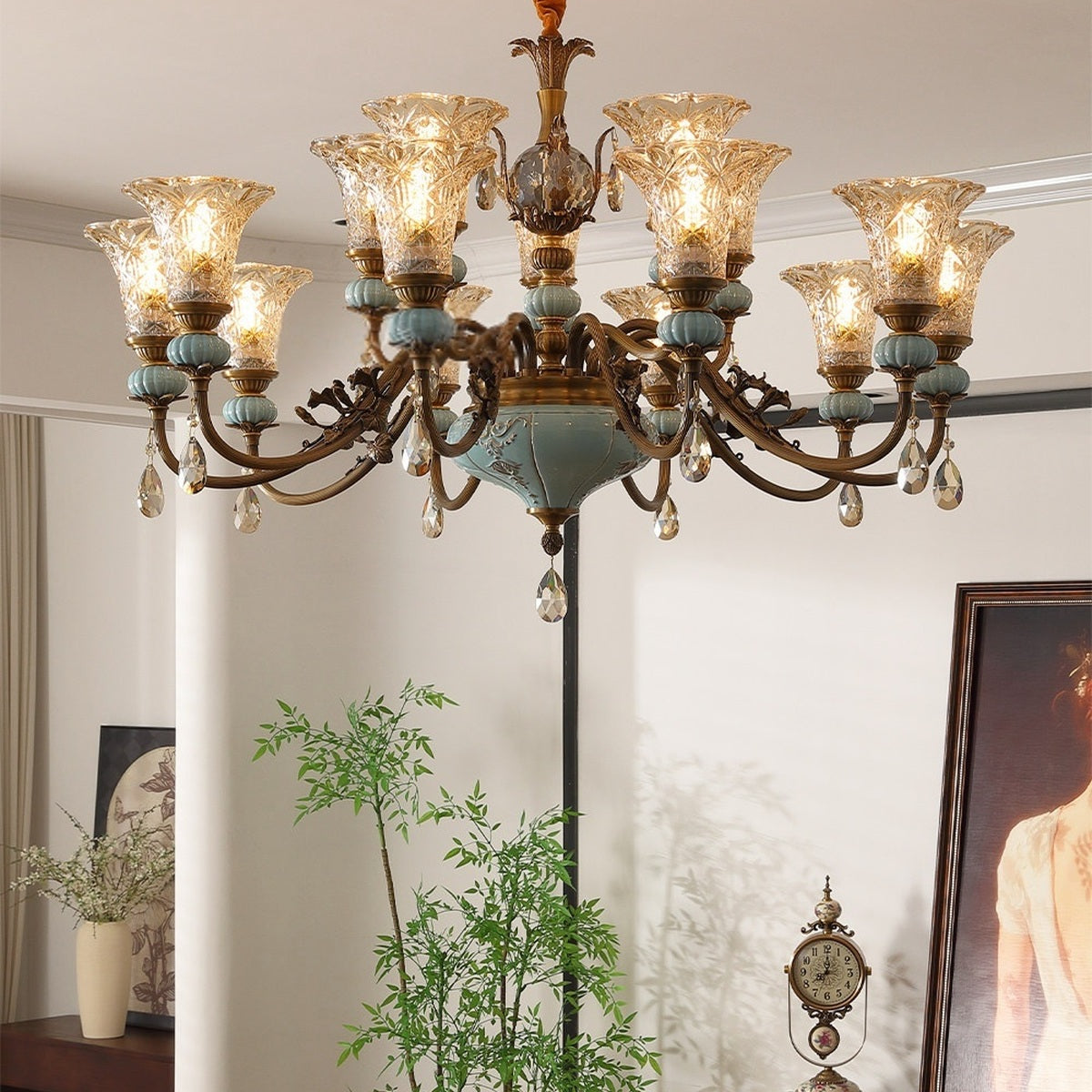 Blue Glazed Ceramic Two-Tier Chandelier real fifteen-light front room view