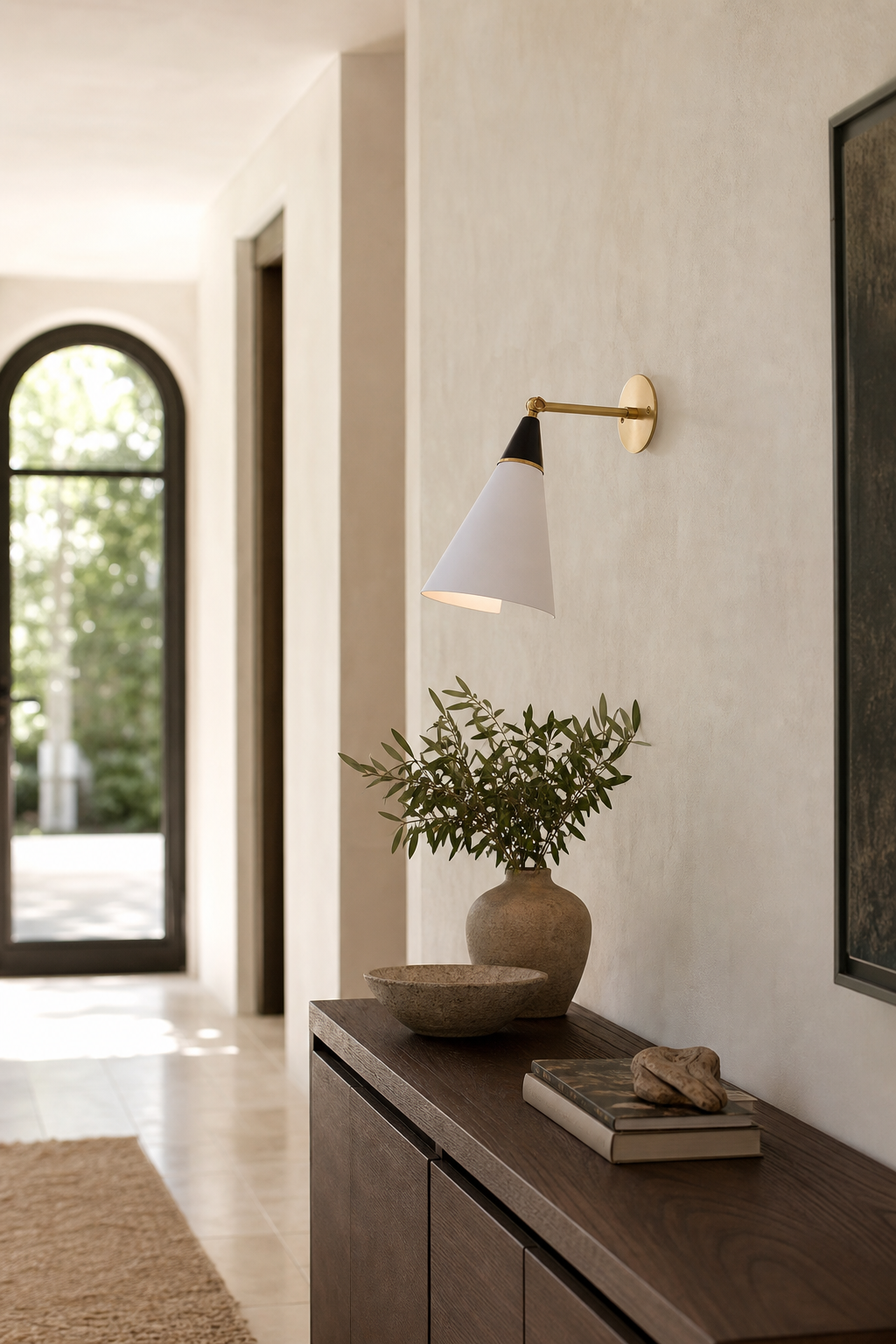 Adjustable Brass Wall Sconce — Short Arm sconce in a wide daylight hallway