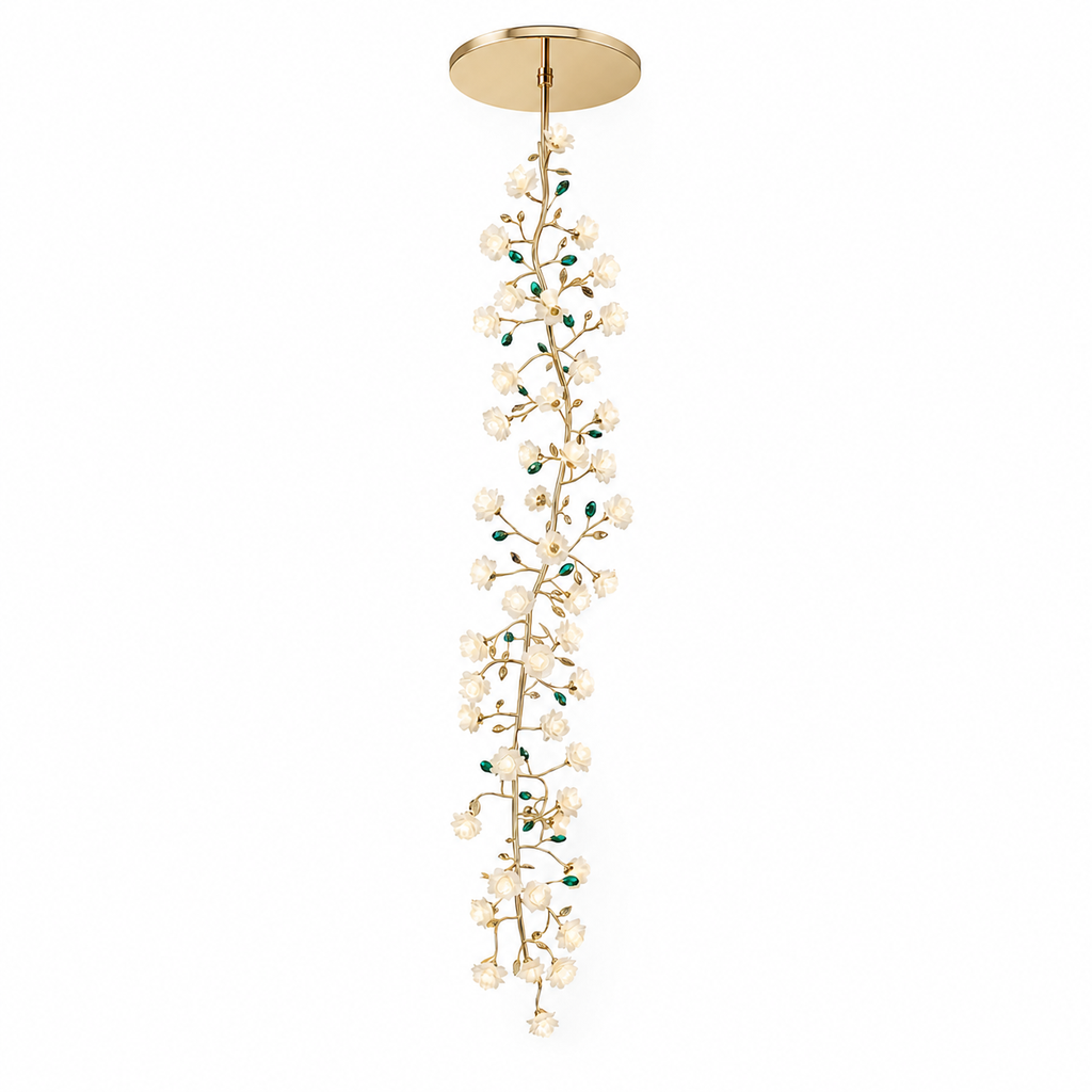 Sylverelle long chandelier – white background product with flat round canopy