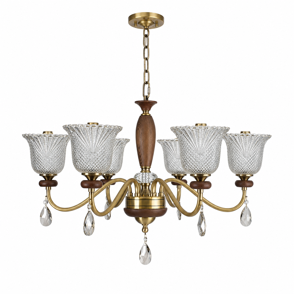 Cognelle six-light cognac glass and ash wood chandelier on white