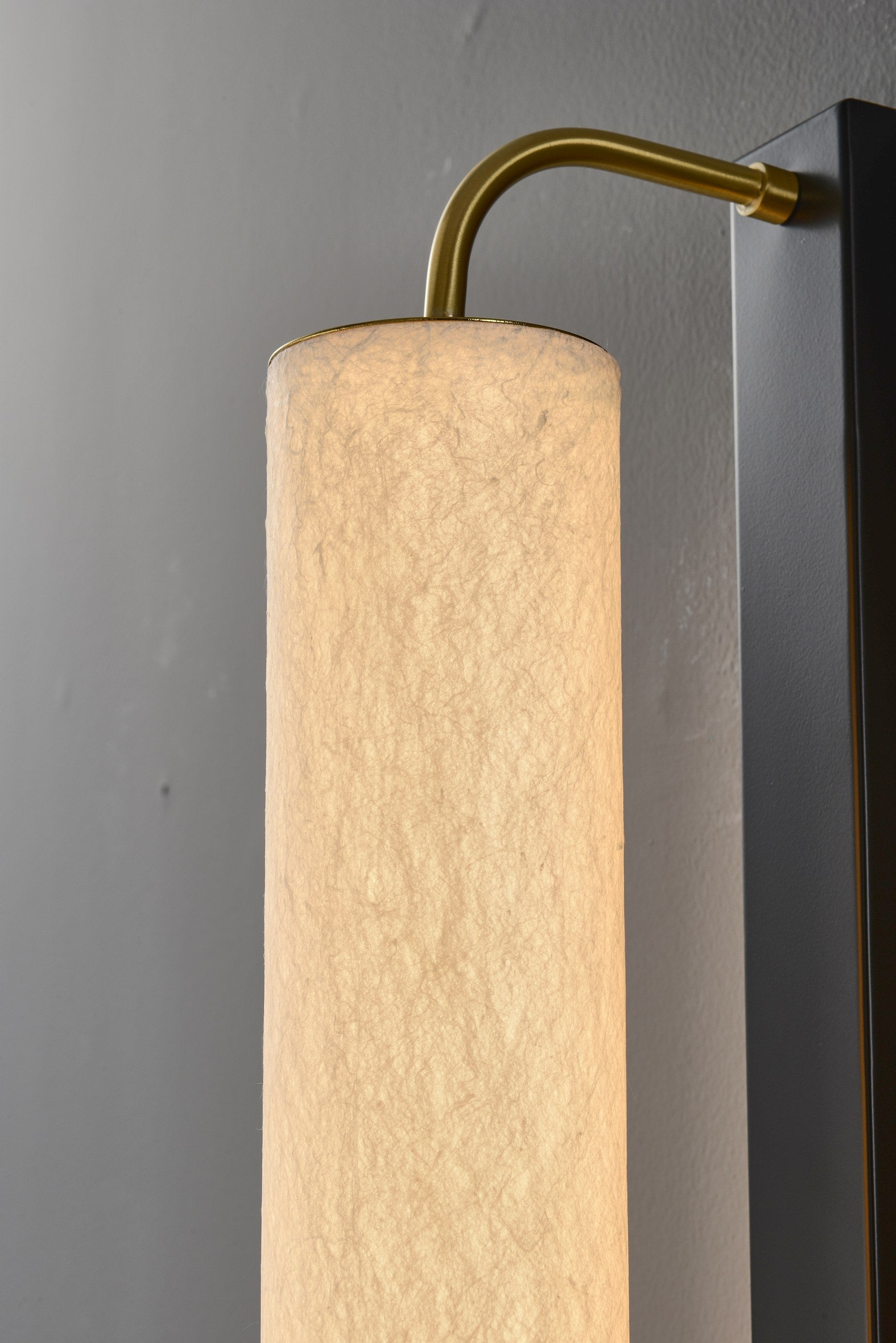 Modern Mulberry Silk Cylinder Wall Sconce in Brass or Black - 16 16-detail-brass-arm-closeup