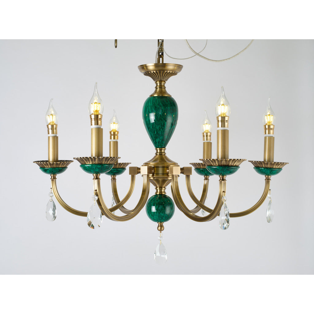 Valeria six-light antique brass and green stone chandelier on a white background