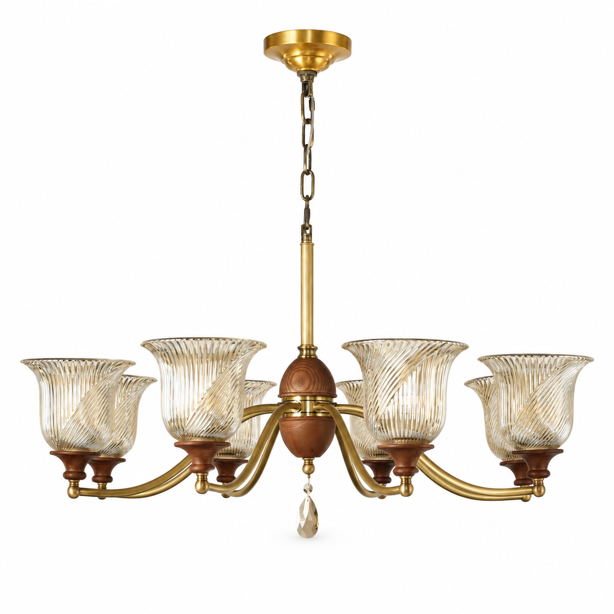 Elowen six-light antique brass wood and ribbed glass chandelier on white