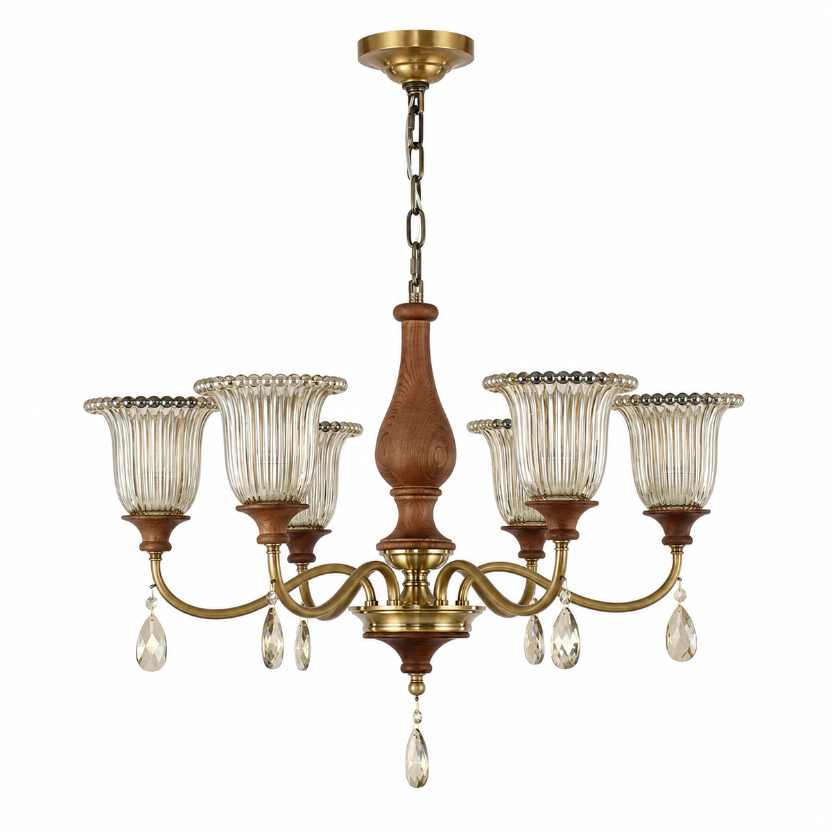 Rosalind six-light antique brass ribbed glass chandelier on white