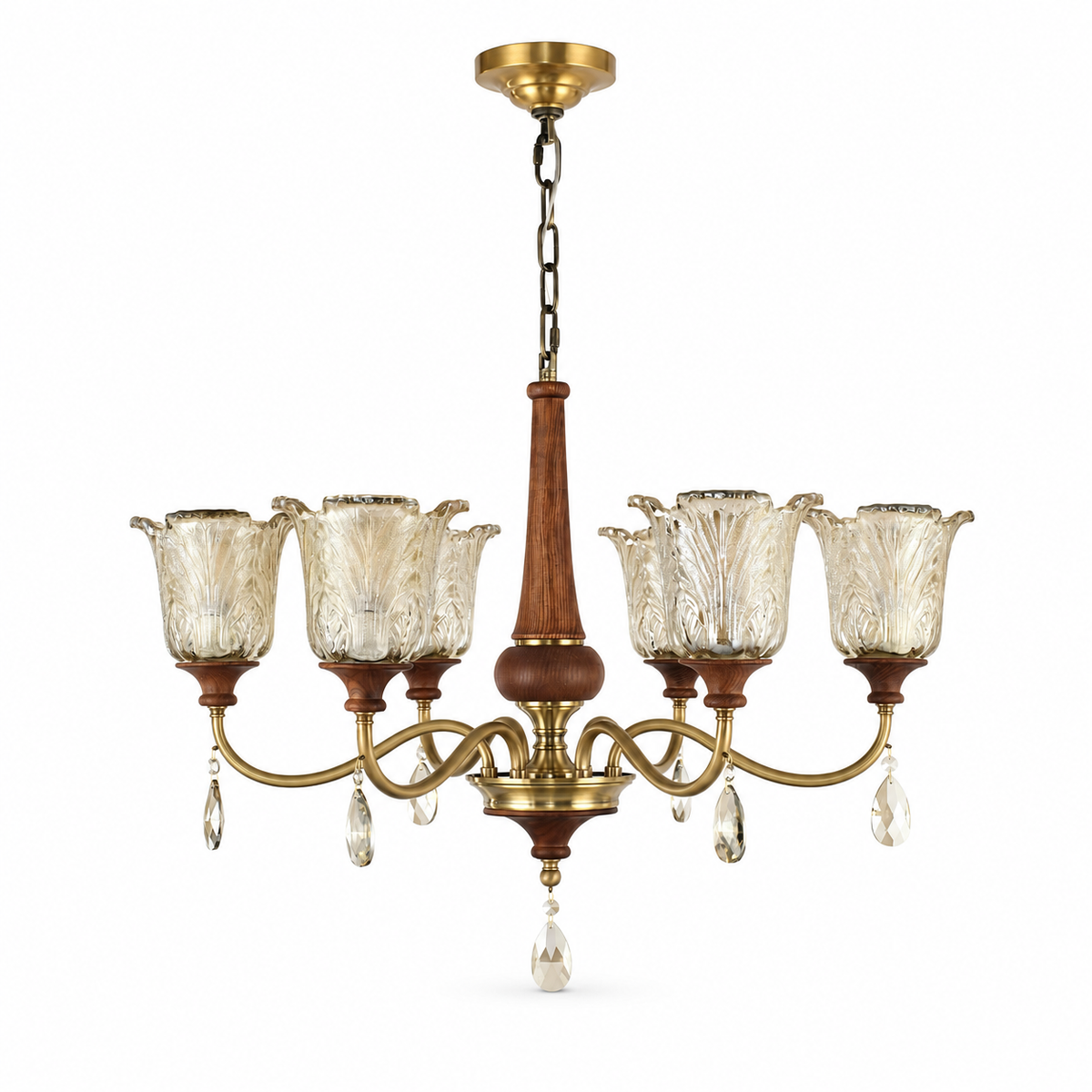 Aurelia six-light antique brass floral glass chandelier on white