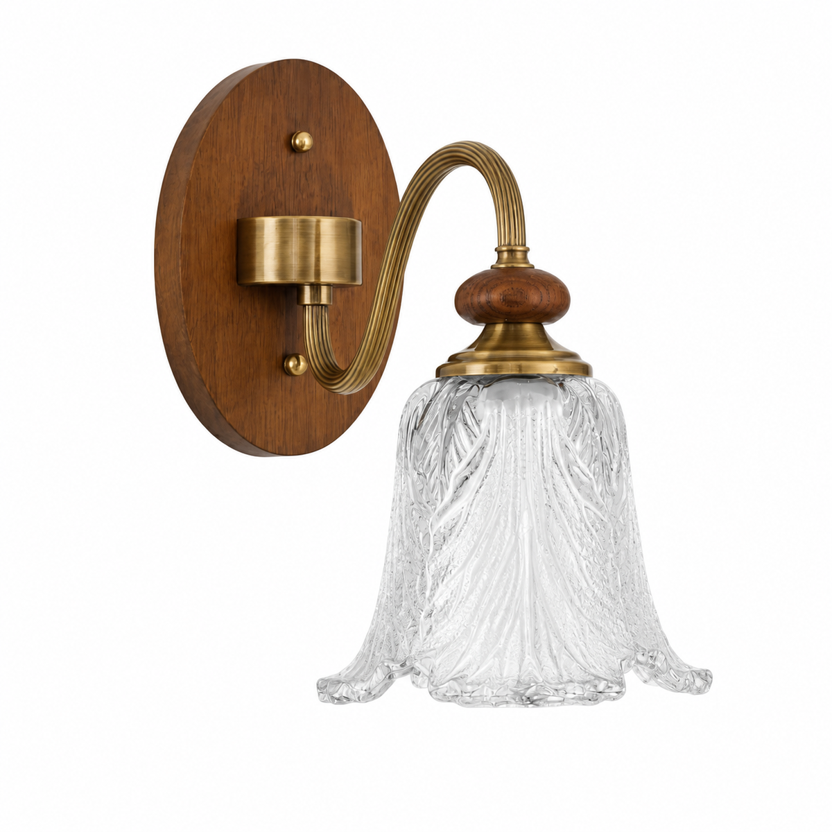 Sculpted leaf glass and wood wall sconce on pure white