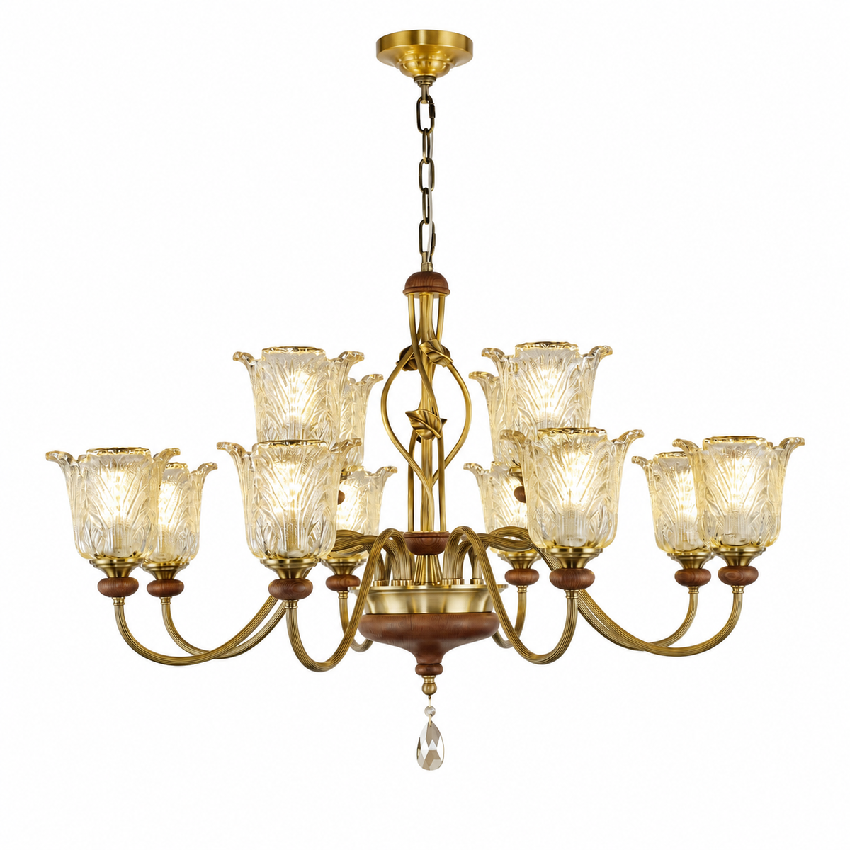 Ten-light sculpted leaf glass and wood chandelier on pure white
