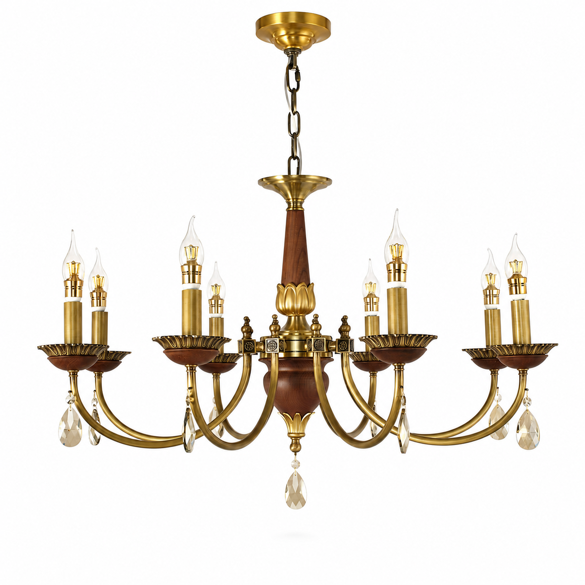 Ten-light candle-style wood and crystal chandelier on pure white