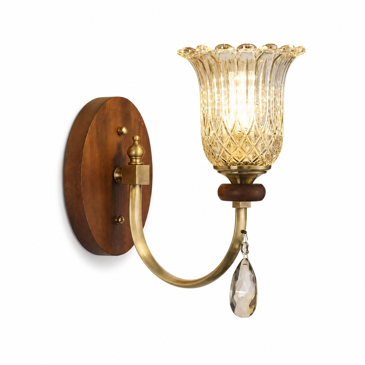 Complete ribbed tulip glass and wood wall sconce on pure white