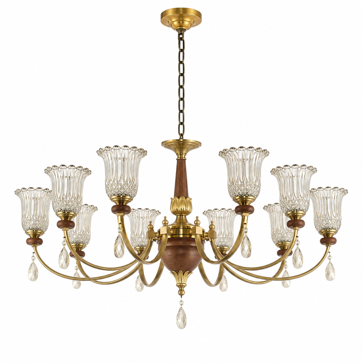 Complete ten-light ribbed tulip glass and wood chandelier on pure white