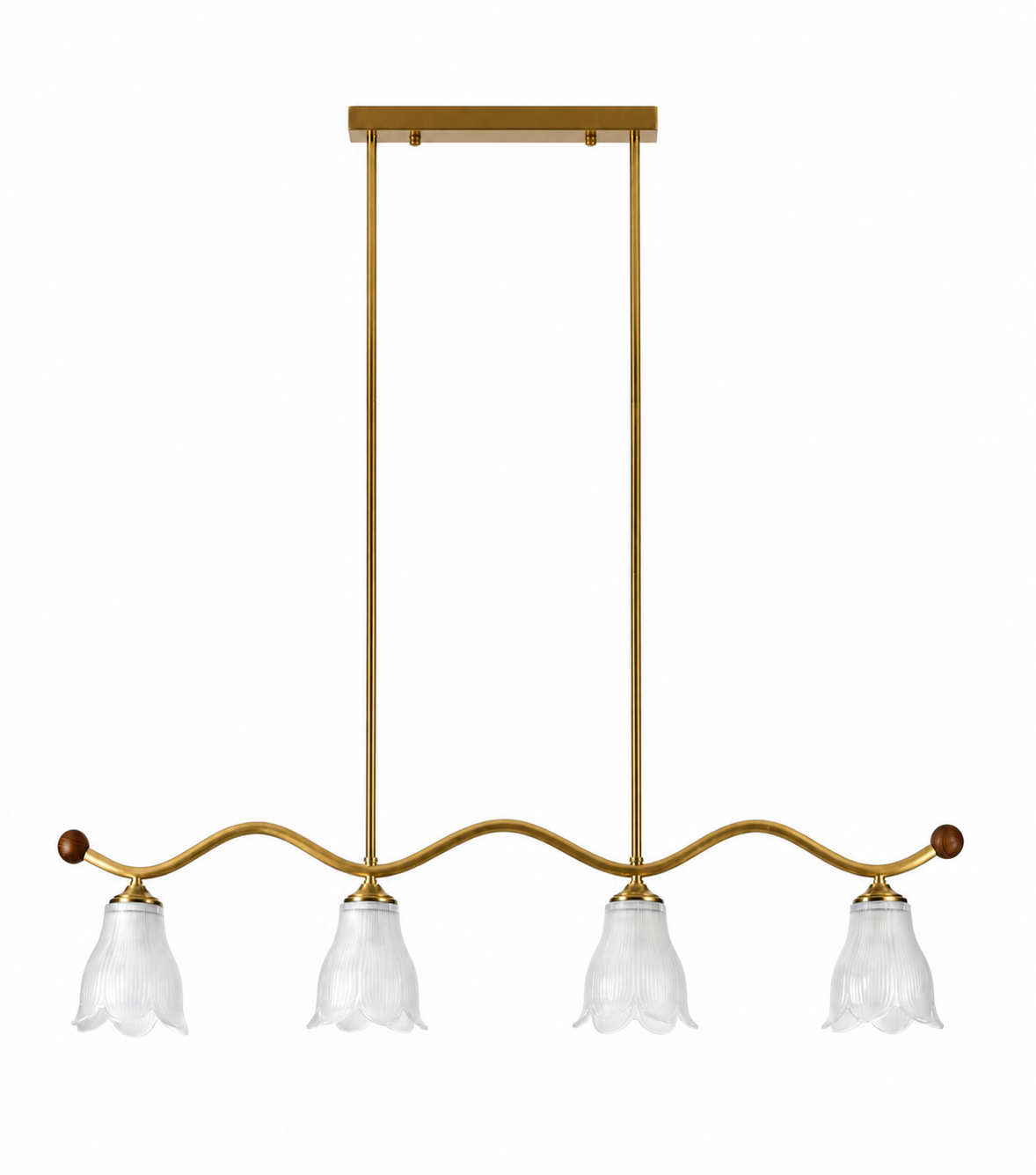 Complete four-light wave-bar ribbed glass linear chandelier on pure white