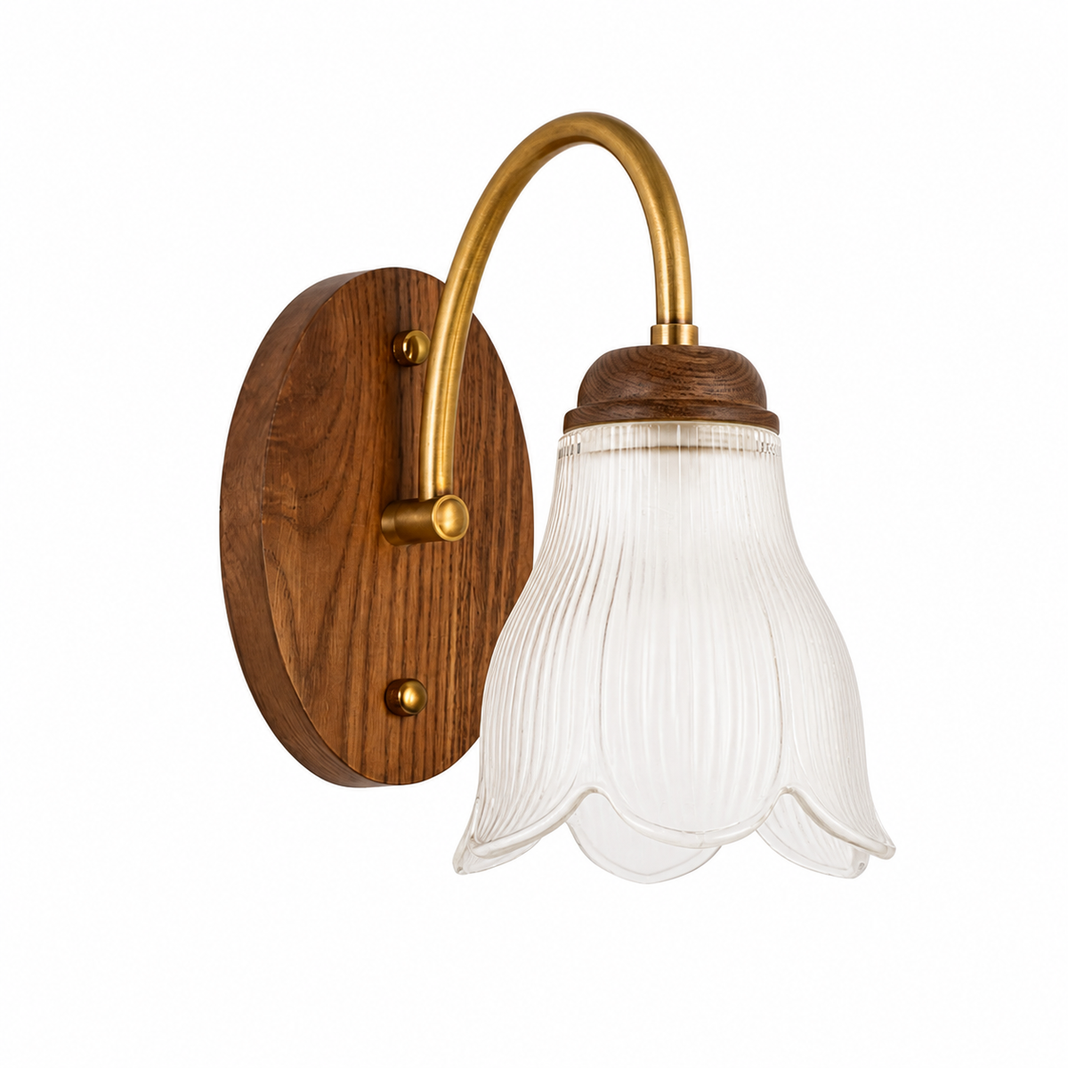 Complete ribbed bell glass and walnut wall sconce on pure white