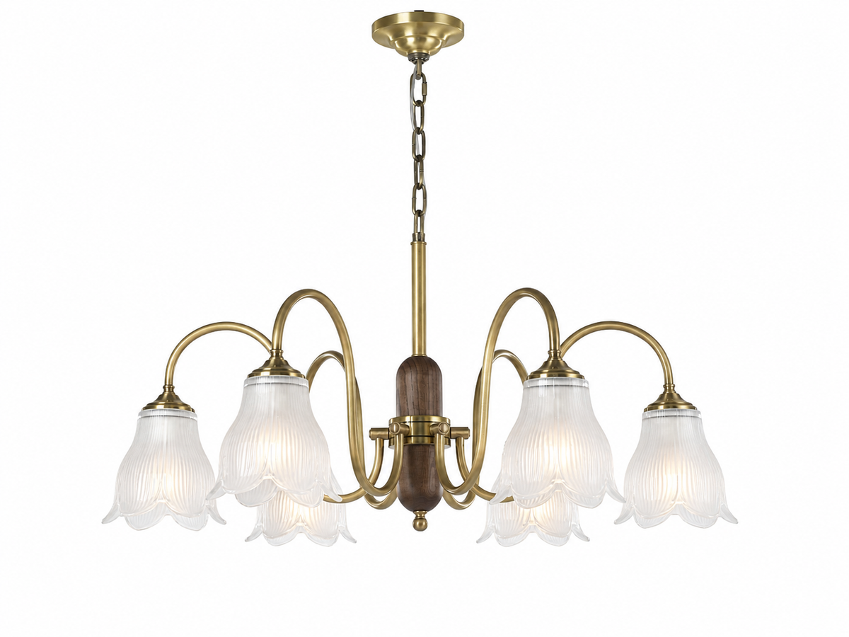 Complete six-light ribbed bell glass and walnut chandelier on pure white