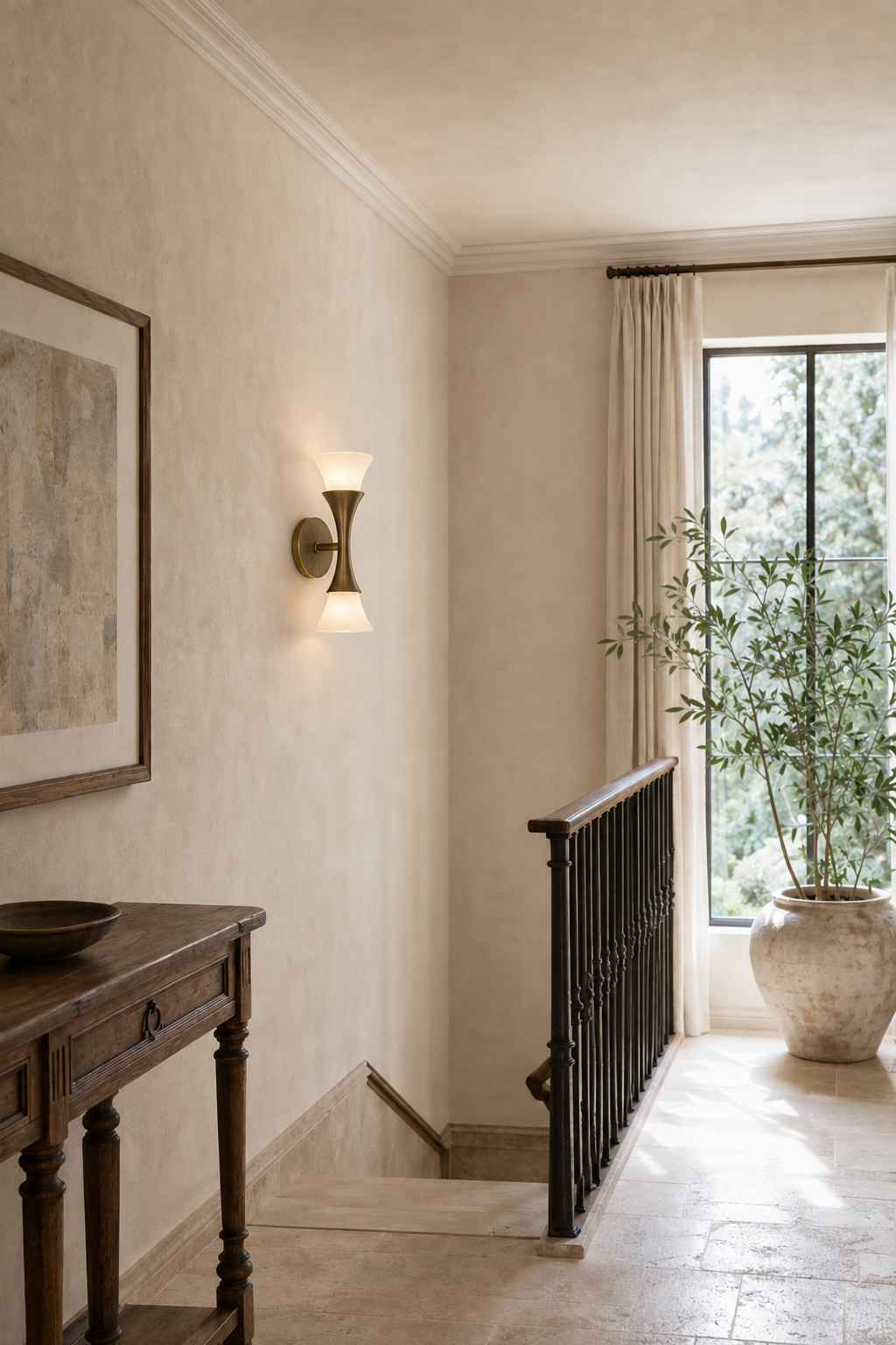 Sculptural Opal Glass and Alabaster Wall Sconce — Model B opal glass staircase hallway daylight