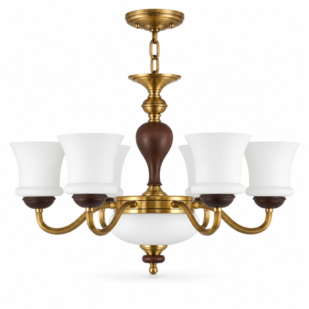 Halveraine six-light flared milk glass and ash wood chandelier on a pure white background