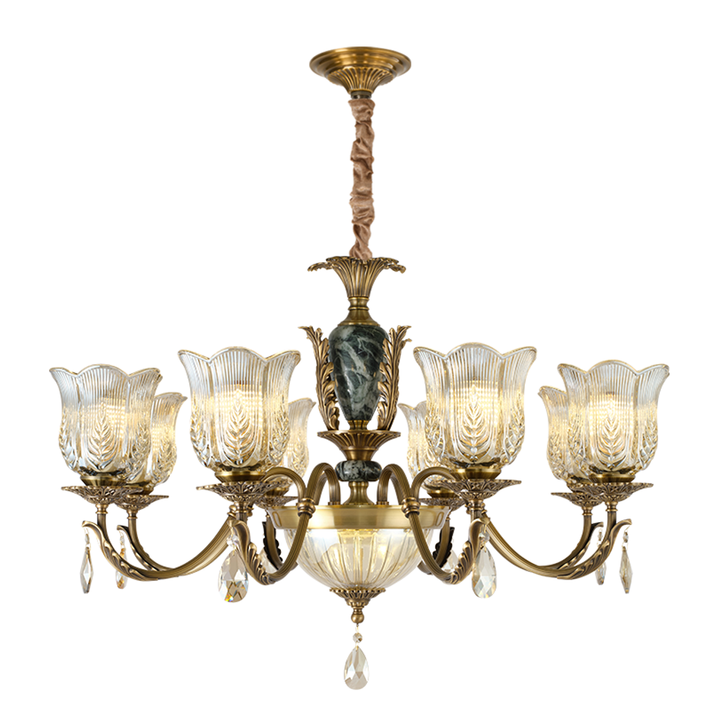 Marmavelle eight-light leaf-cut glass and crystal chandelier on a pure white background