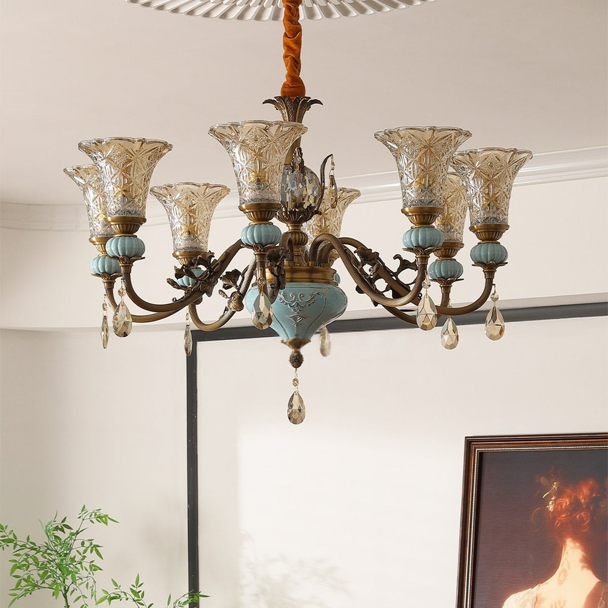 Blue Glazed Ceramic Brass Chandelier real eight-light unlit room view