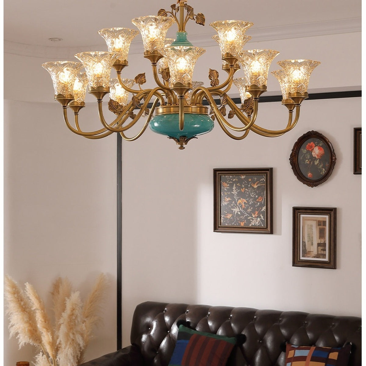 Tiffany Blue Ceramic Two-Tier Chandelier real fifteen-light room view