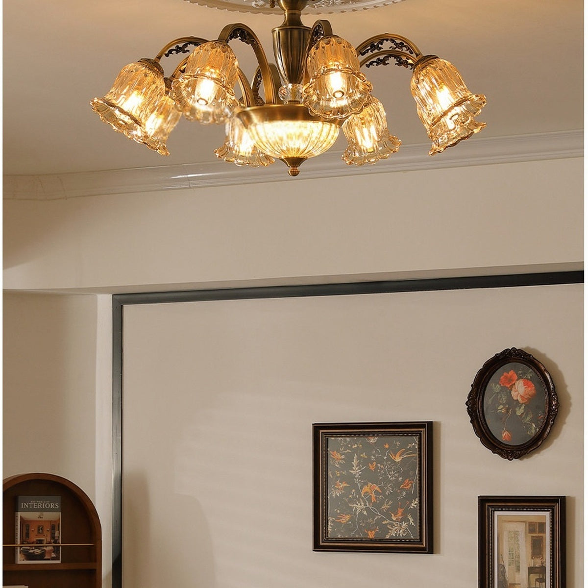 Vintage Brass Floral Glass Flush Mount real product view illuminated