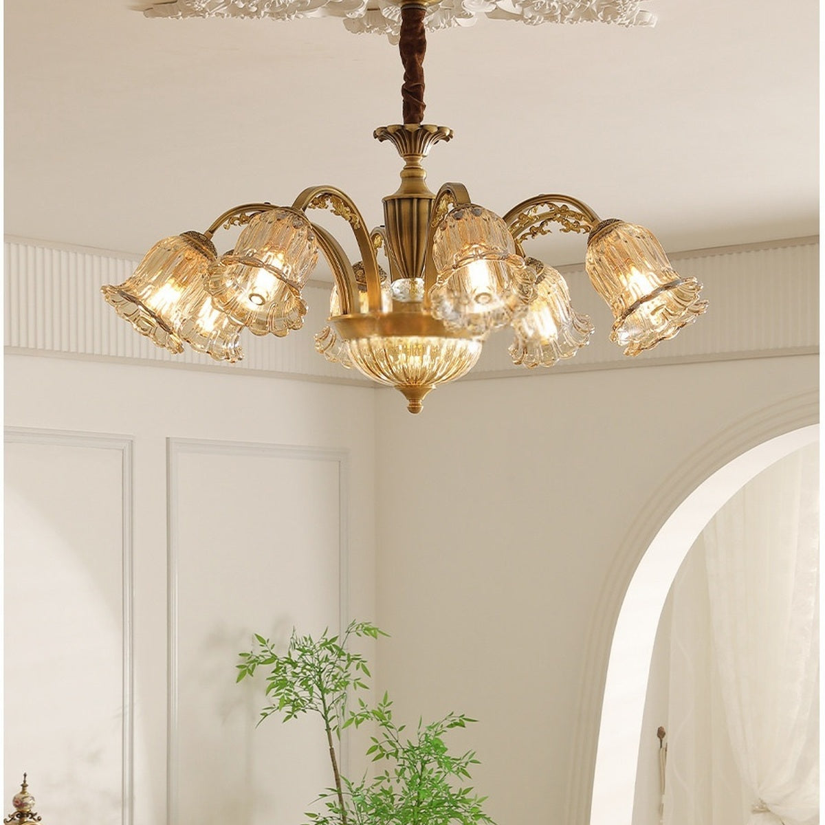 Vintage Brass Floral Glass Chandelier real eight-light hanging configuration in daylight