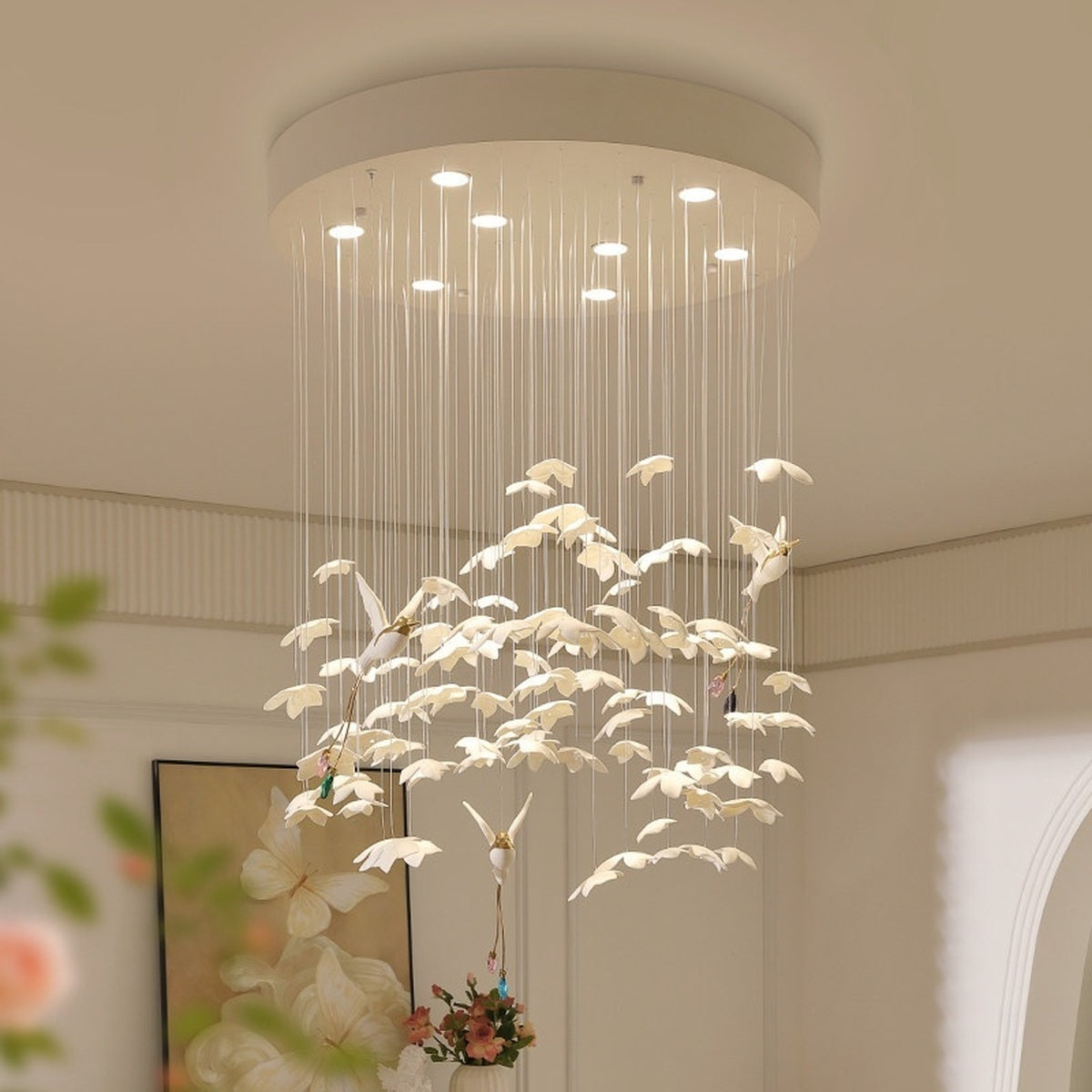 Floating Orchid Ceramic Short Chandelier real short-form product view in daylight