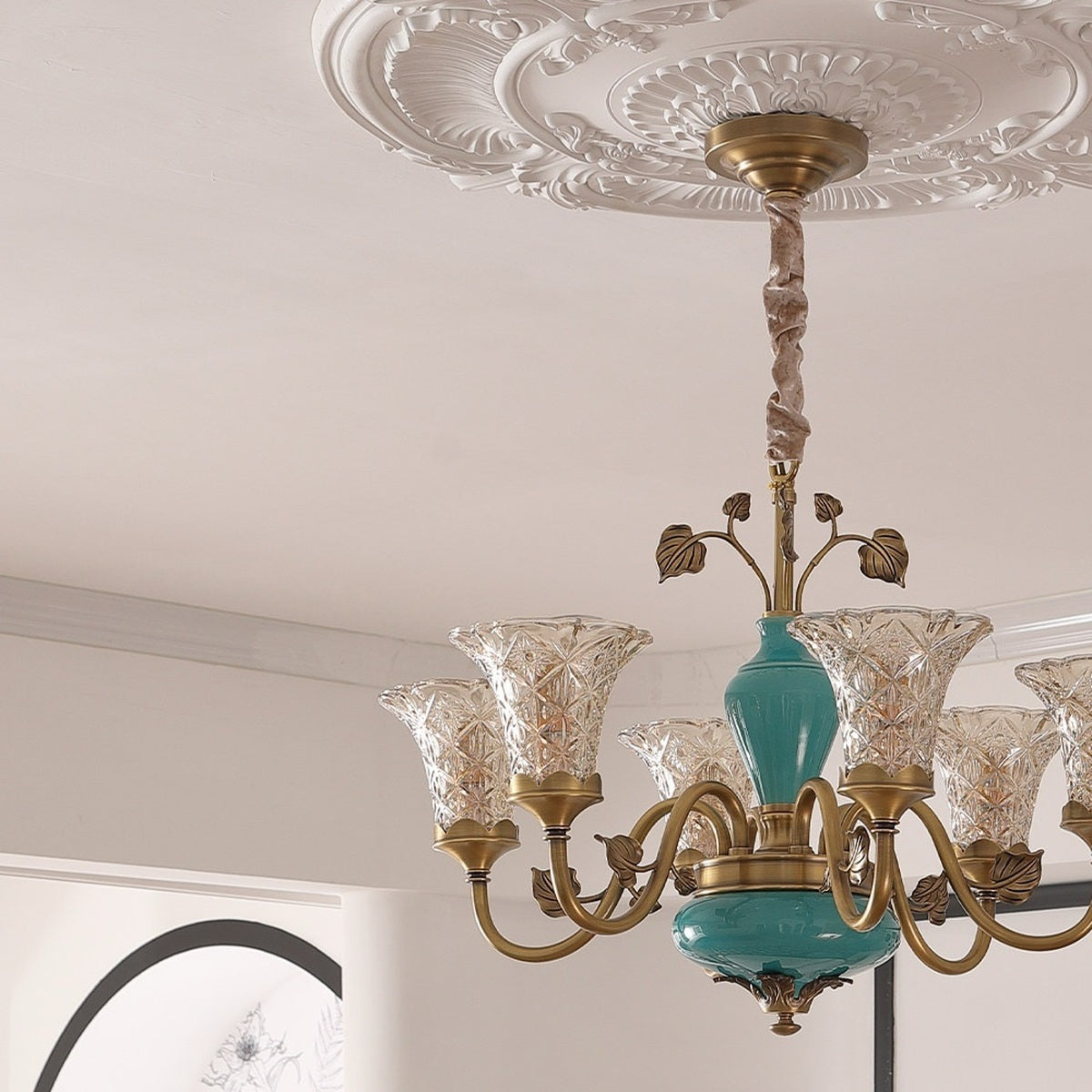 Tiffany Blue Ceramic Brass Chandelier real six-light unlit room view