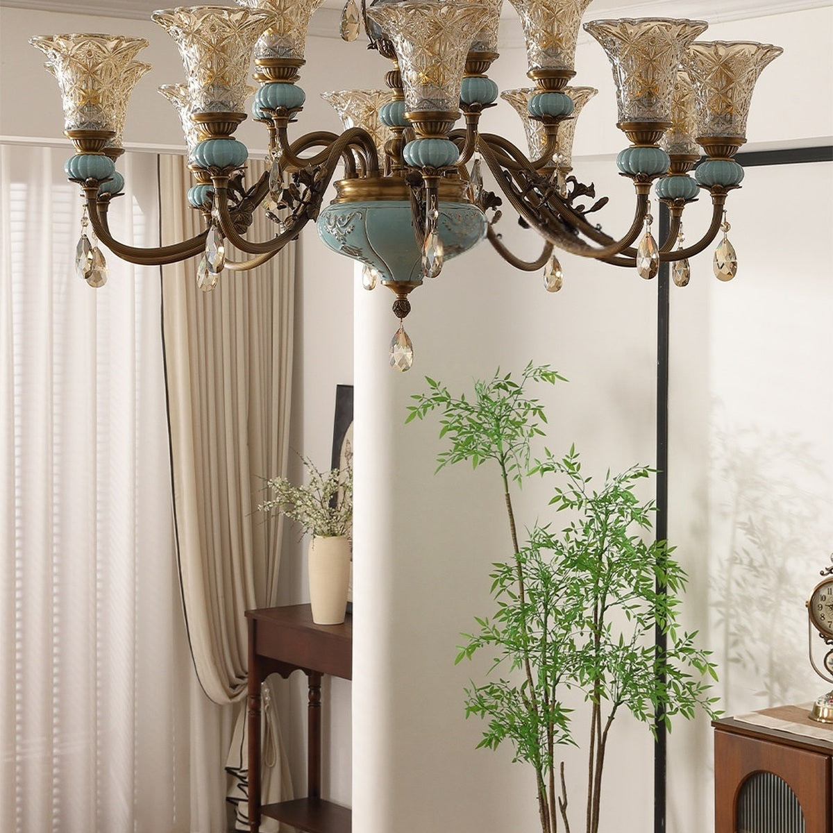 Blue Glazed Ceramic Two-Tier Chandelier real fifteen-light full room view