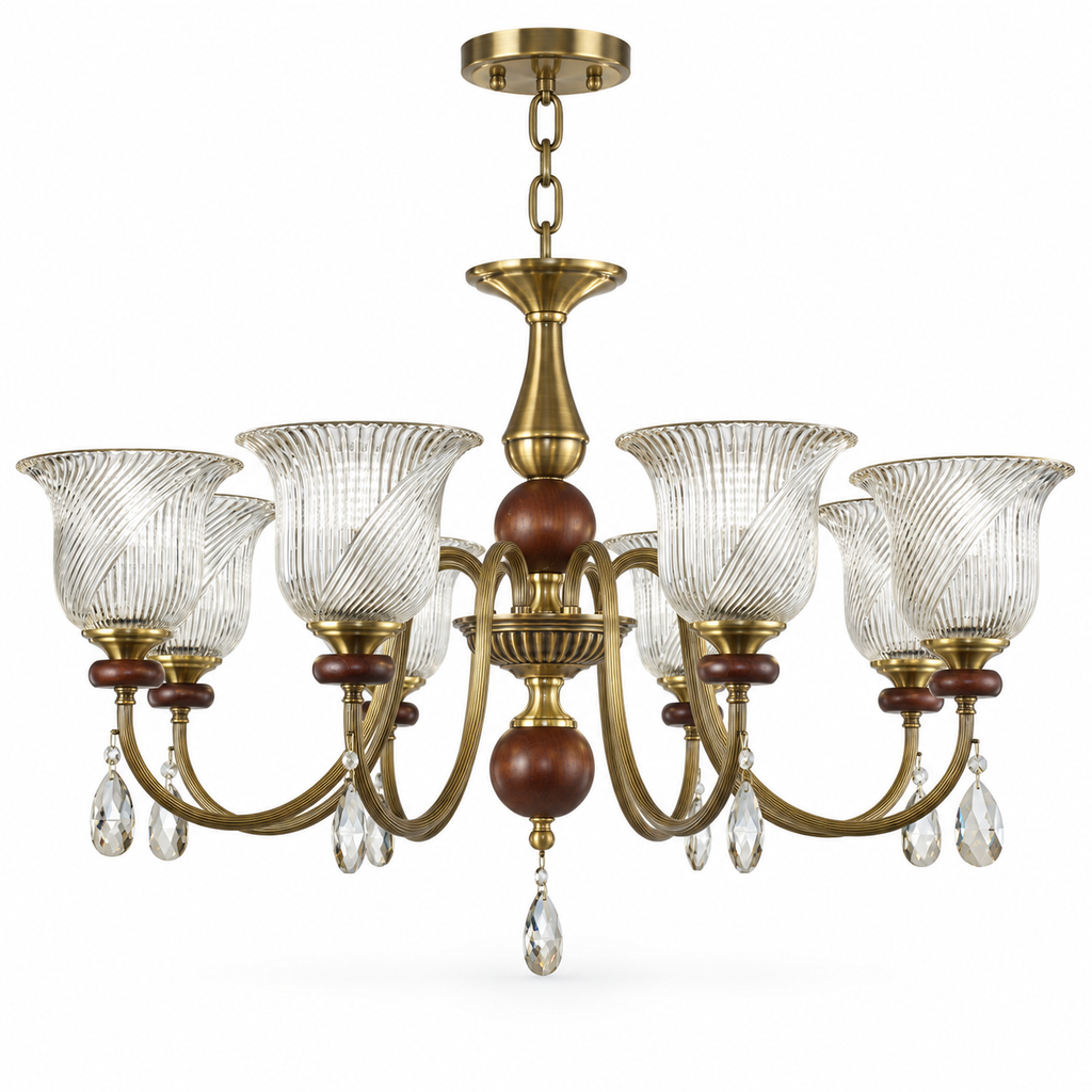 Rillavine eight-light ribbed glass and ash wood chandelier on a pure white background