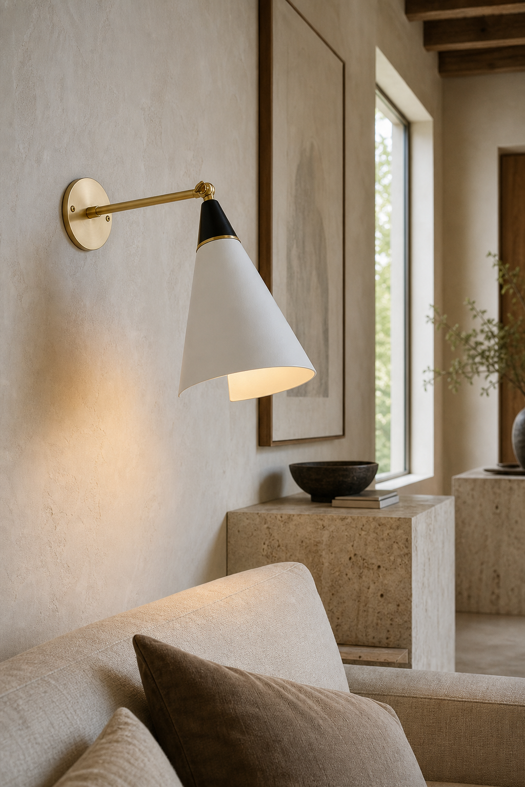 Adjustable Brass Wall Sconce — Short Arm sconce in a daylight lounge
