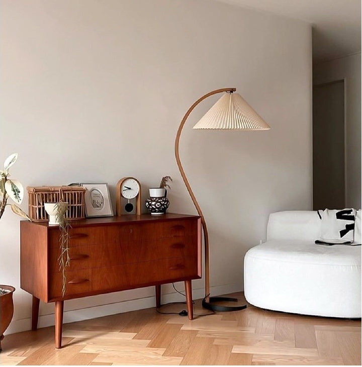 Sculptural Wood Floor Lamp — complete real floor lamp between a console and sofa