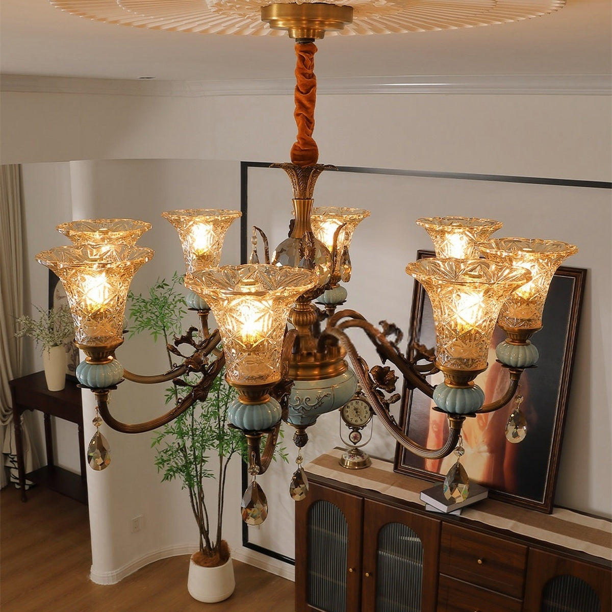 Blue Glazed Ceramic Brass Chandelier real eight-light overhead room view