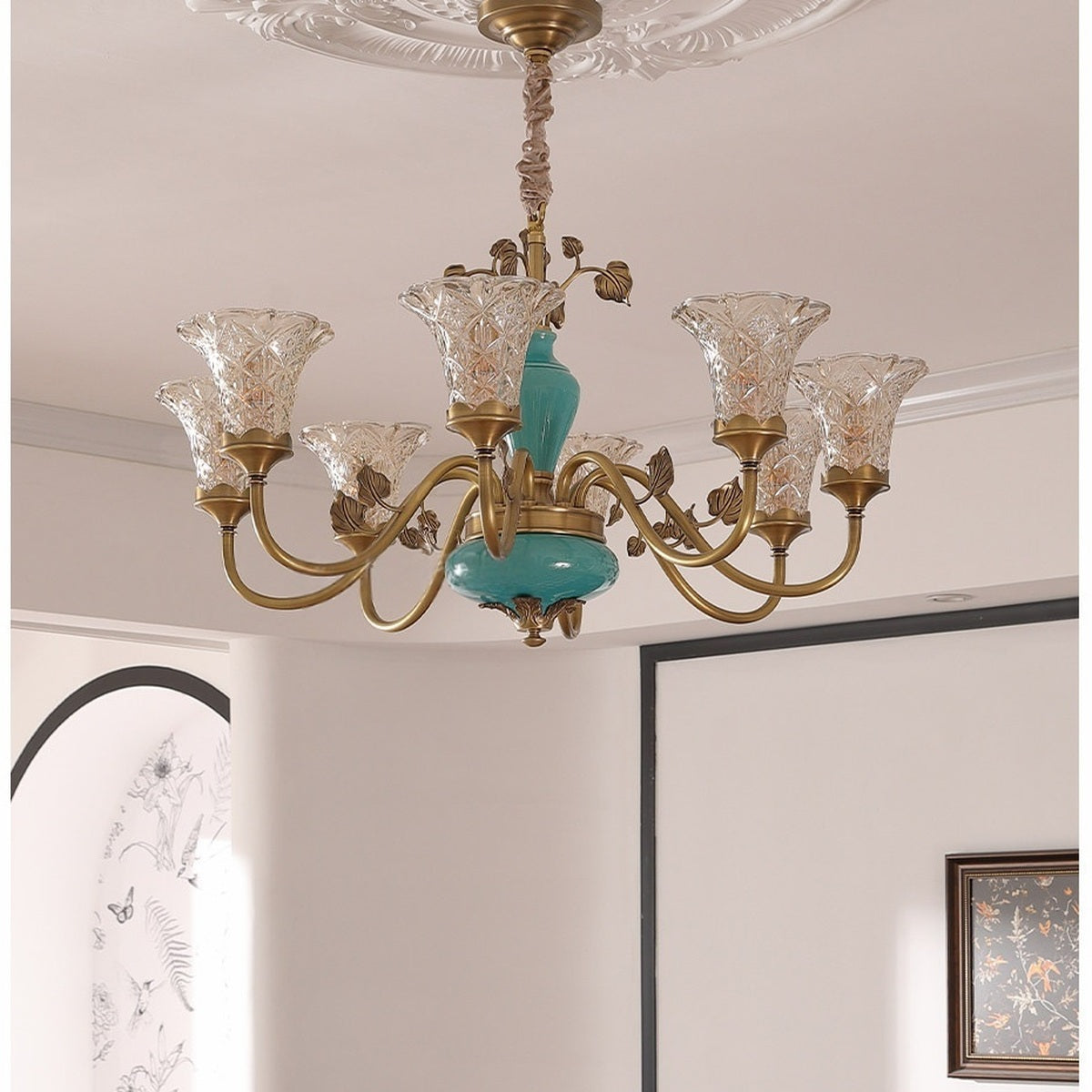 Tiffany Blue Ceramic Brass Chandelier real eight-light room view