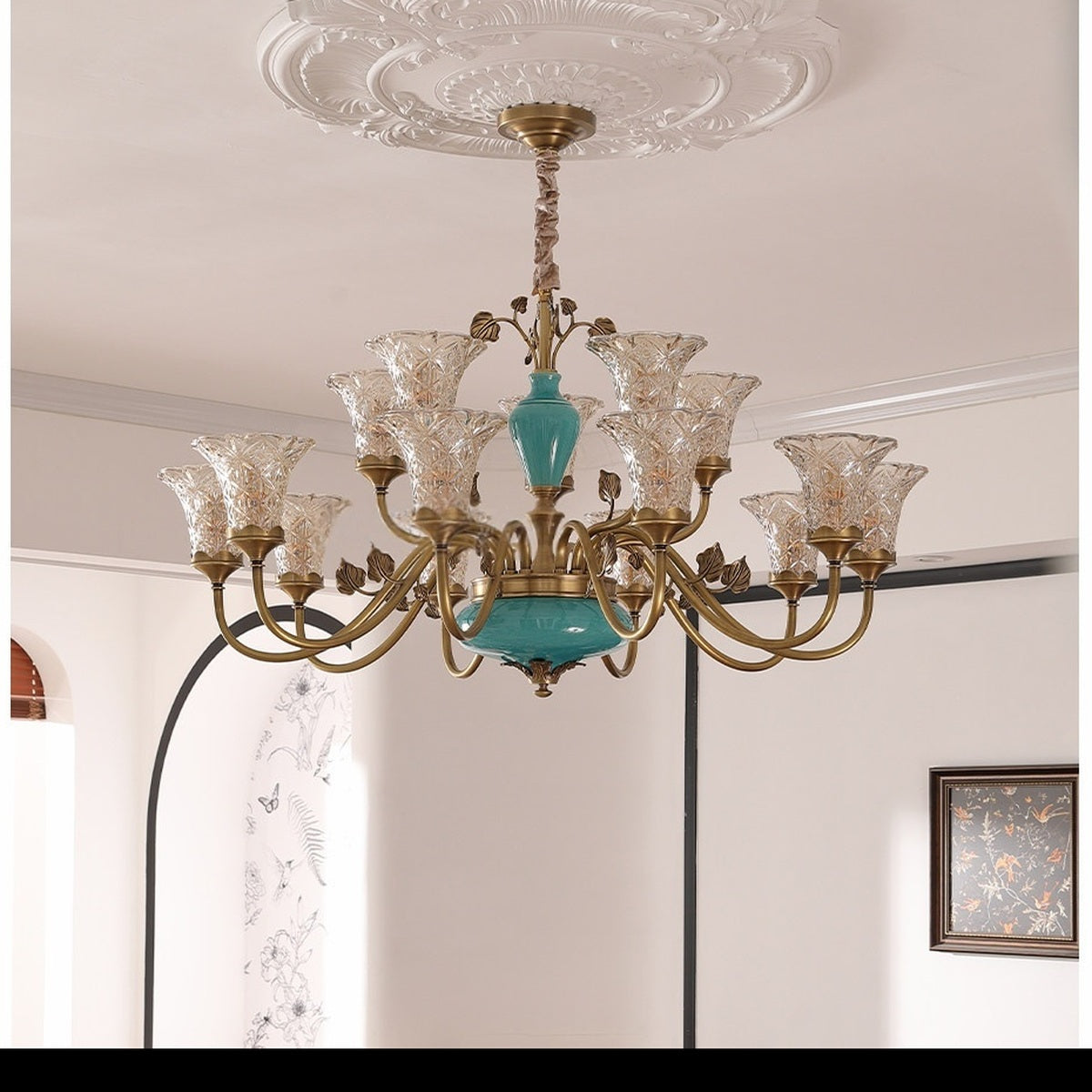 Tiffany Blue Ceramic Two-Tier Chandelier real fifteen-light unlit room view