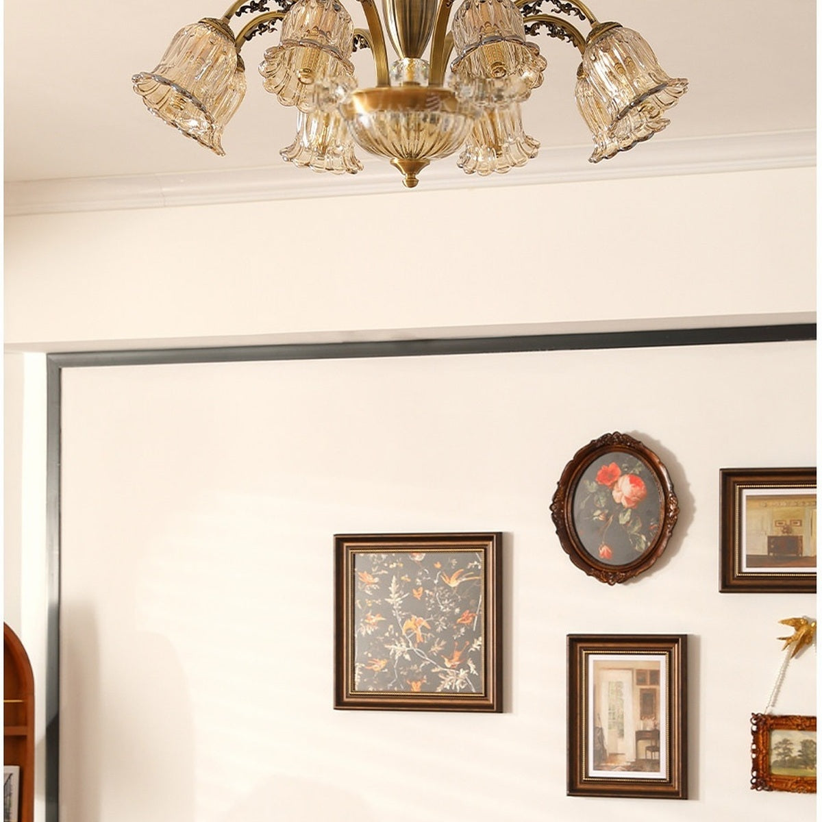 Vintage Brass Floral Glass Flush Mount real product view unlit
