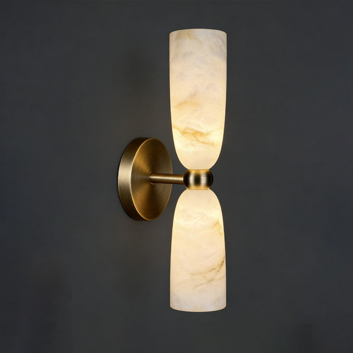 Double Alabaster Cylinder Wall Sconce real front dark wall view