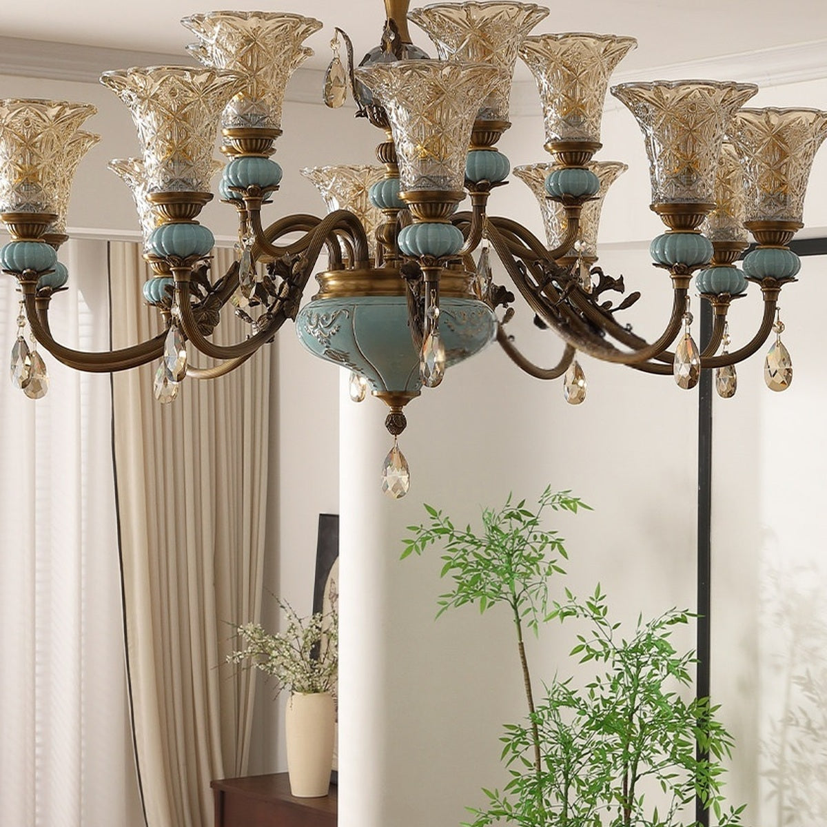 Blue Glazed Ceramic Two-Tier Chandelier real fifteen-light close room view
