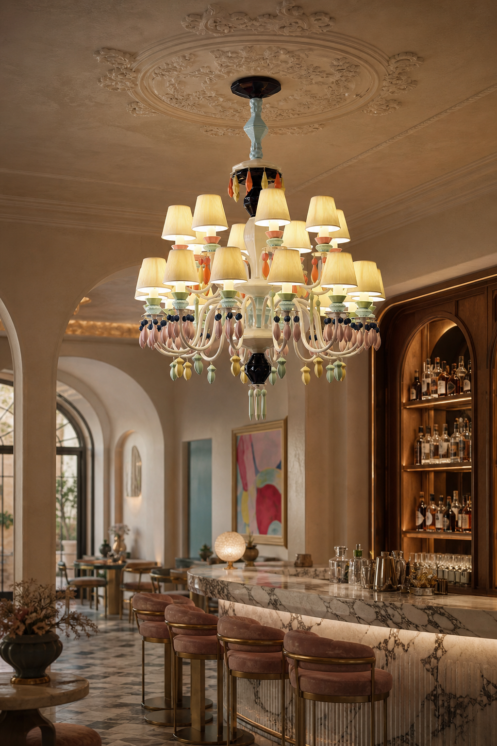 Pastel Ceramic Double-Tier Chandelier in a restaurant bar lounge
