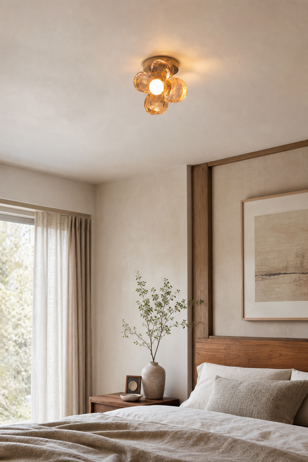 Single-Light Amber Glass Flush Mount Ceiling Light installed in a bedroom